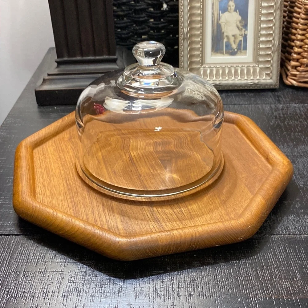 Vintage 1970’s LARGE Good Wood Teak Cheese Board With Glass Dome Cloche!